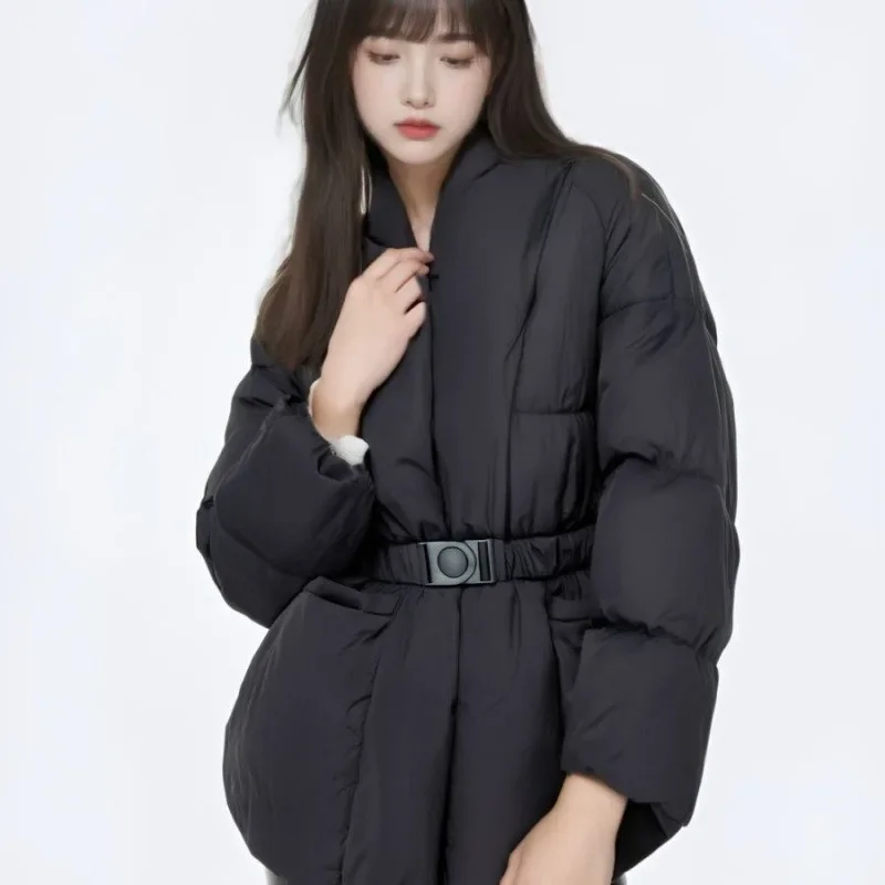 

Black Belted Big Size Keep Warm Cotton-padded Coat Long Sleeve Women Parkas Fashion Medium Long Styles Slimming Women's Clothing