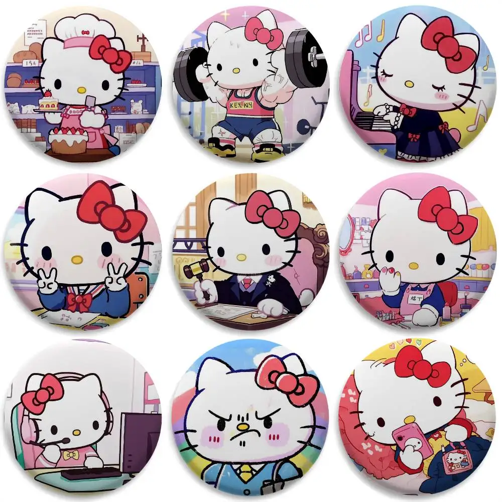 

Hello Kitty Funny Occupation Badges Round Exquisite Badge Brooches Creative Pins For Clothes Hat Backpack Gift Accessories