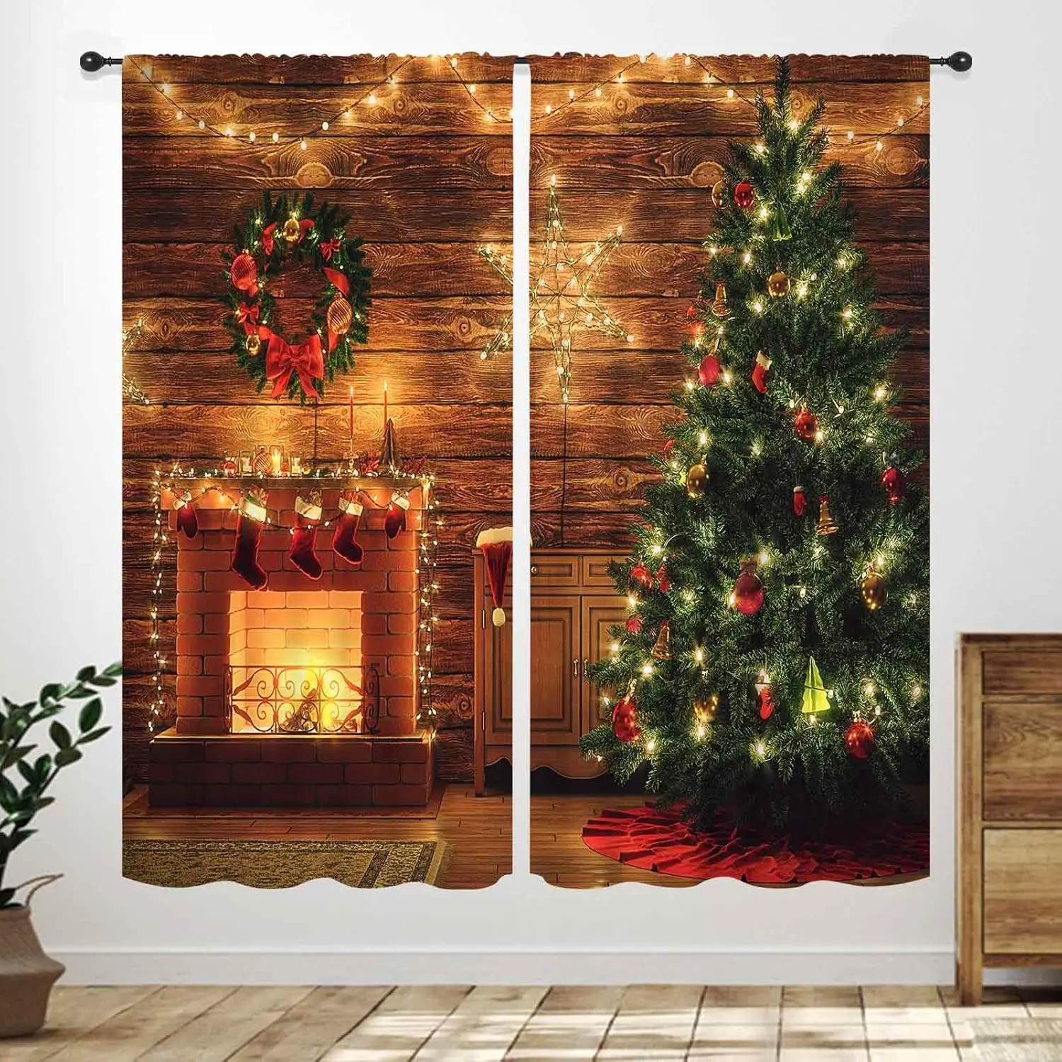 Christmas Curtains for Living Room,Xmas Trees Fireplace Gifts Christmas Themed Drapes Treatments for Winter New Year's Eve