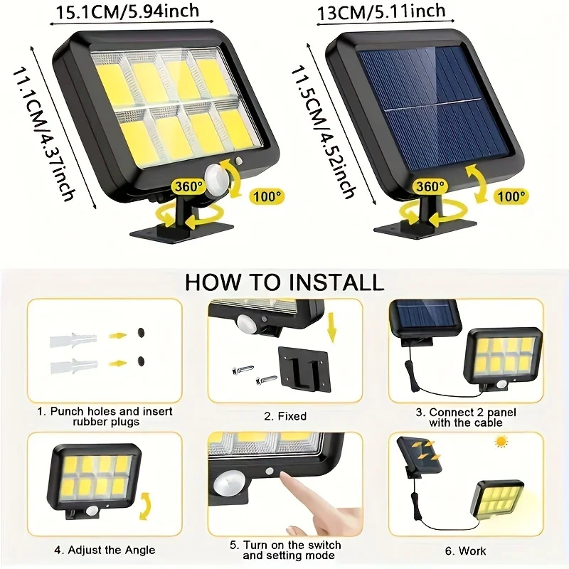 Solar Lights Outdoor Waterproof IP54, 160 COB LED Solar Motion Sensor Wall Lights, Split Design Solar Powered Security Lights with Emergency Lighting for Garden, Porch, Yard, Patio and Outdoor Street