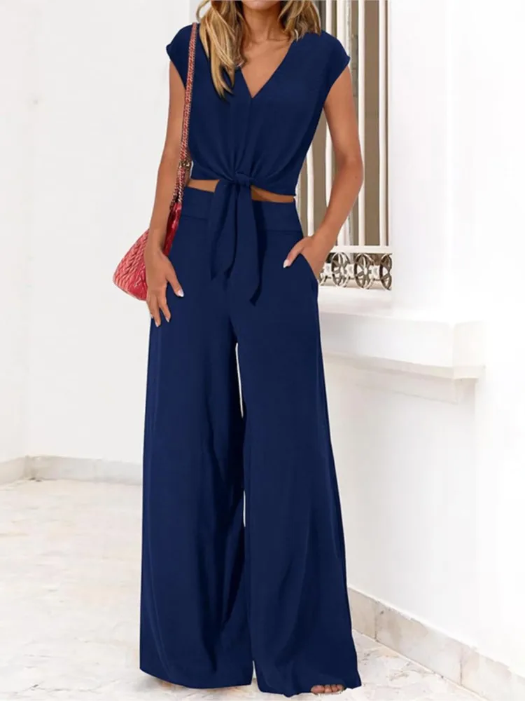 

Fashion Sleeveless Top Set Women Casual V Neck Lace Up Tops High Waist Wide Leg Pants Two Piece Sets Lady Elegant Office Clothes