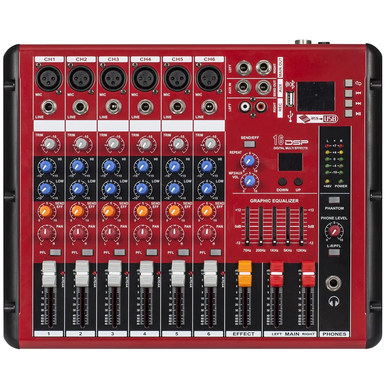 MiCWL MR600 Top Red Color 6 Channel Audio Mixer XLR 6-Input Gain Bluetooth 16 DSP USB Musich Phones AUX Mixing Console Stage