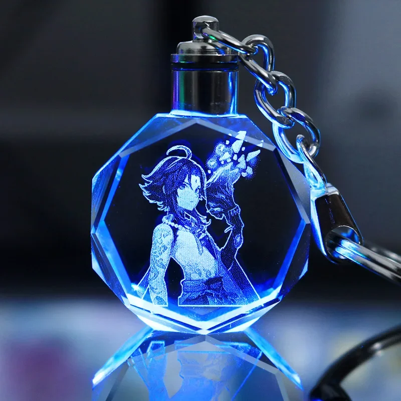 Genshin Impact Anime Figure Game Character Venti Eula Zhongli Colorful Luminous Crystal Keychain Children\'s Toy Birthday Gifts