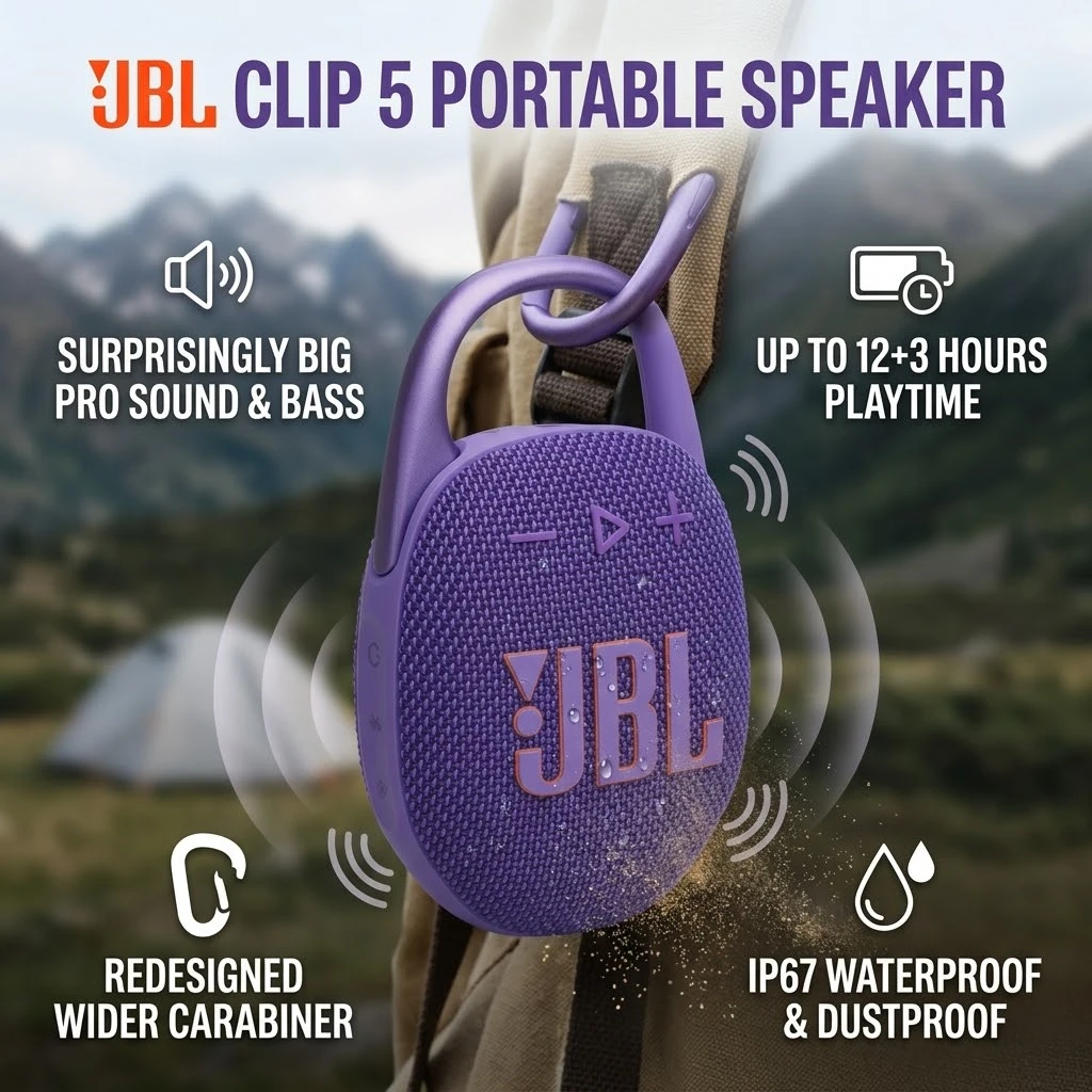 

Портативная Bluetooth-колонка JBL CLIP 5 с Bluetooth 5.3, водонепроницаемая (IP67), с глубокими басами, для улицы, путешествий и кемпинга