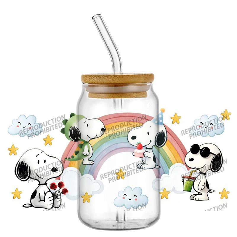 cartoon dog pattern 16OZ UV DTF Cup Wrap Stickers Waterproof Durable DIY Snoopy Design For Libbey Glass Home decoration