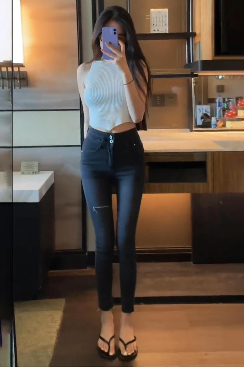 

High Waist Slimming Stretchy Distred Waed Skinny Jeans Women's Pure Desire Retro Sle Personali Hole Denim Pants