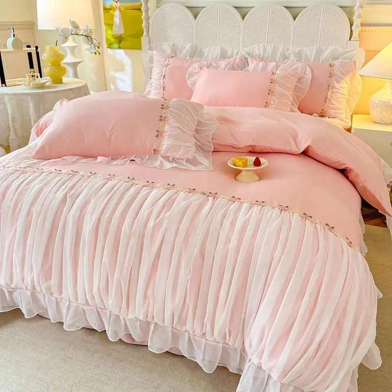 Light Luxury French Four-piece Bedding Set Washed Cotton High-grade Fairy Bed Cover Bed Solid Color Bed Sheet Quilt Cover