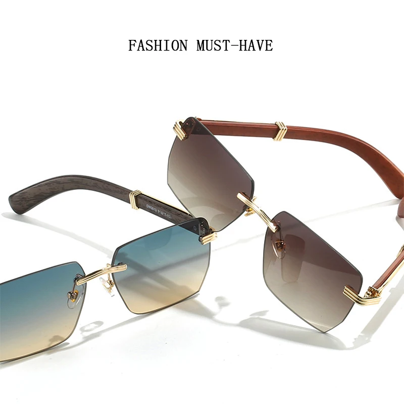 New Fashion Sunglasses Women Trendy Wooden Vintage Square Sunglasses For Men Rimless Sun Glasses Luxe Gafas De Sol Hombre Lentes