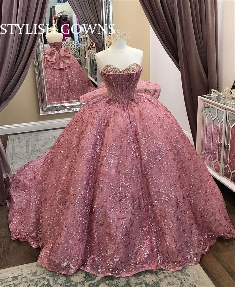 Rose perlé Quinceanera robes Robe De Bal 2023 chérie or Rose paillettes doux 16 Robe à lacets Robe De Bal personnalisé