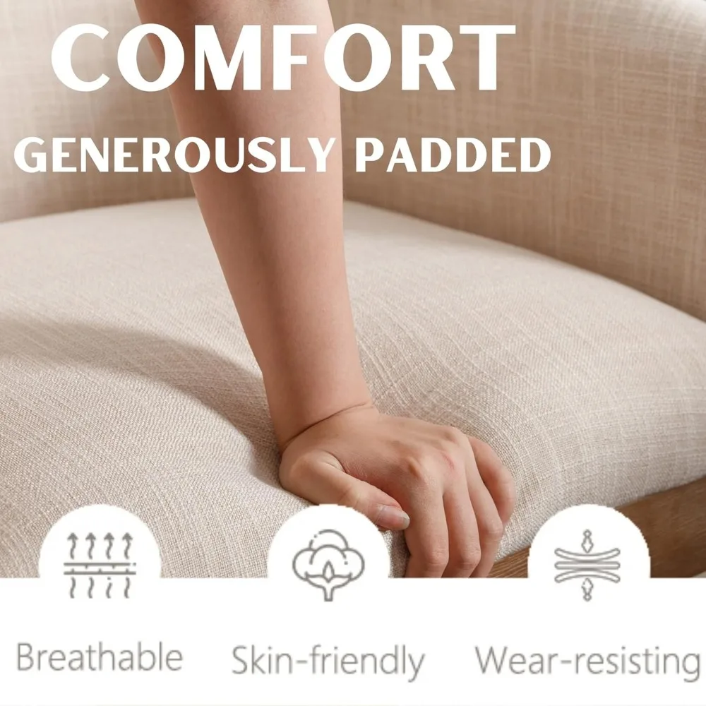 Beige Mid Century Modern Dining Chairs Farmhouse Linen Upholstered Accent Curved Backrest Kitchen Chair Armchairs with Natural