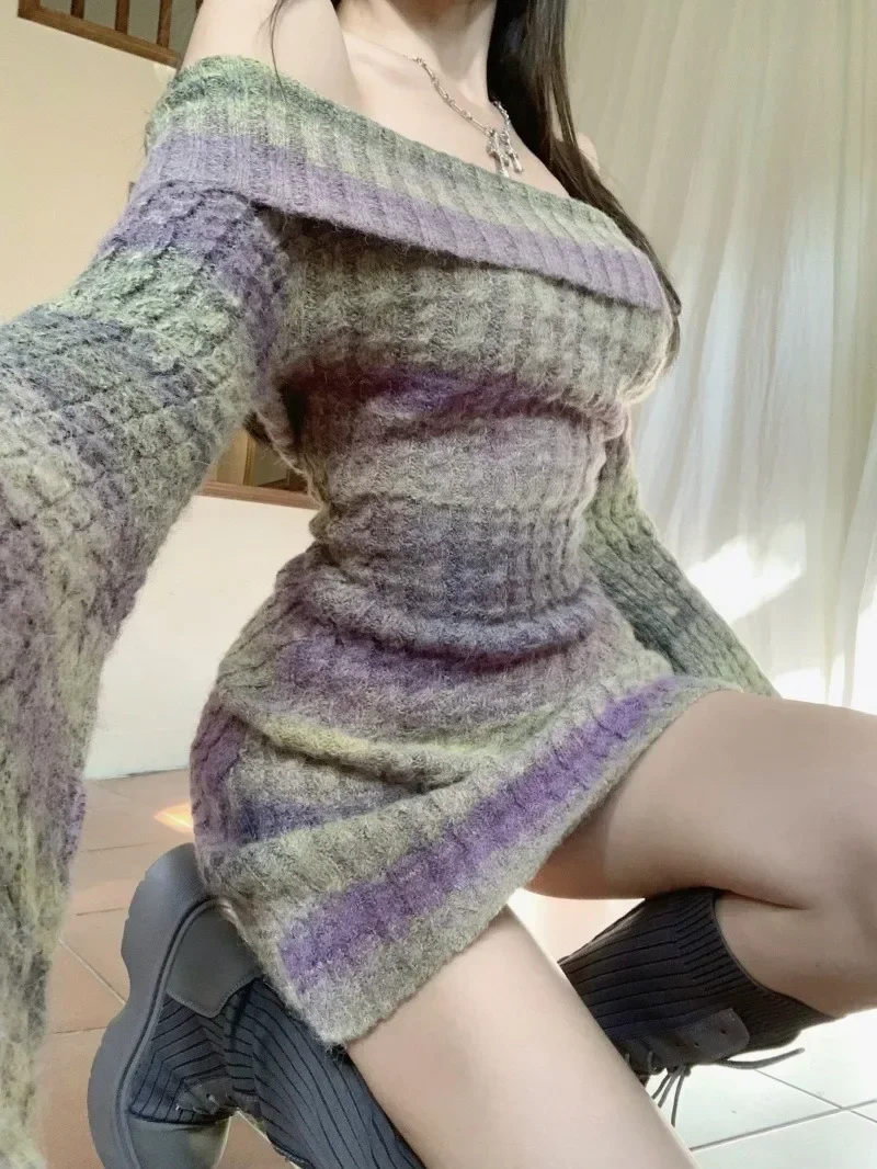 

One-shoulder Knitted Striped Dress Women's Spring Slim Long-sleeved Wrapped Hip Short Dresses Korean Fashion Female Clothes Y2k