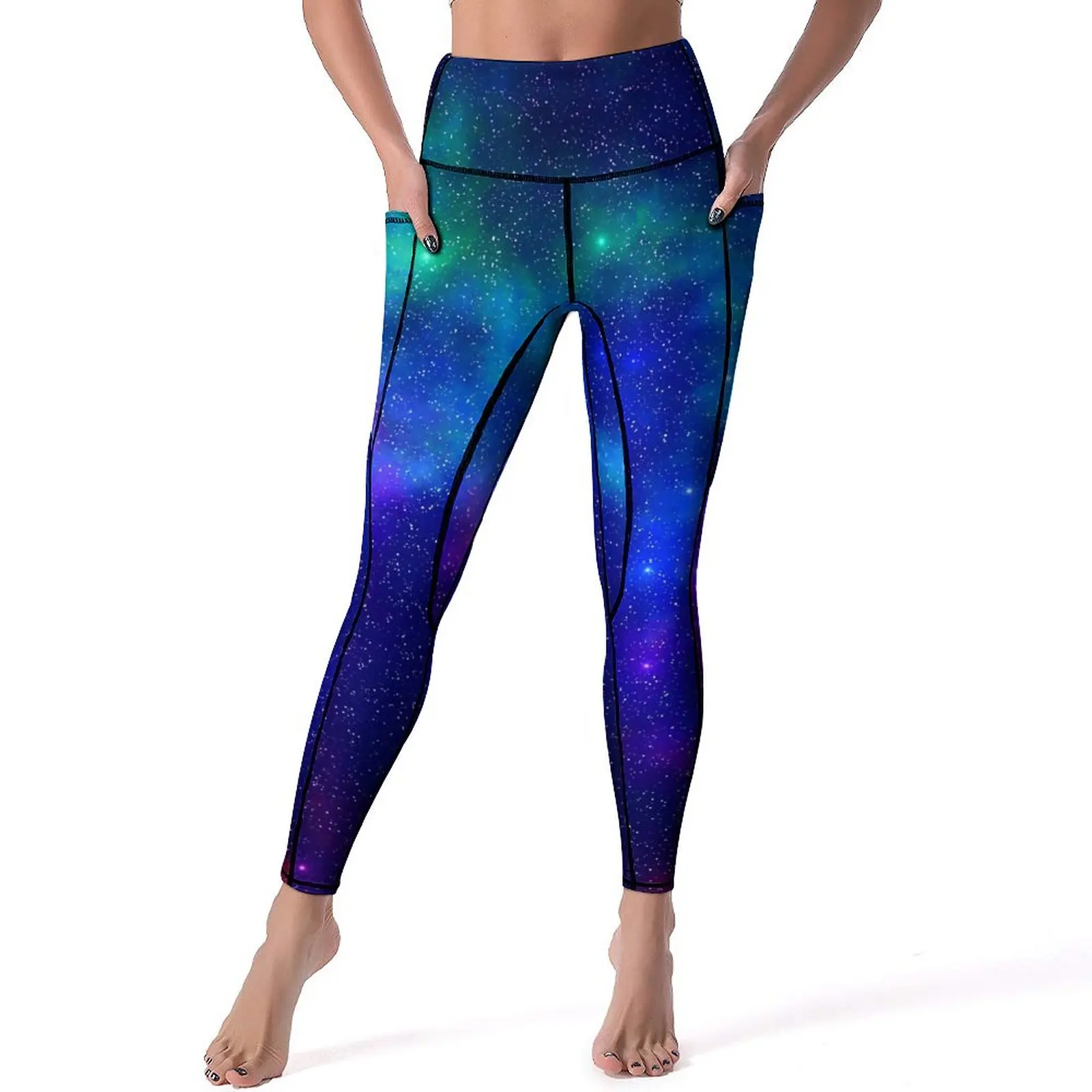 Galaxy Nebula Leggings Sexy Blue And Purple Workout Gym Yoga Pants Push Up Stretchy Sports Tights Pockets Retro Graphic Leggins