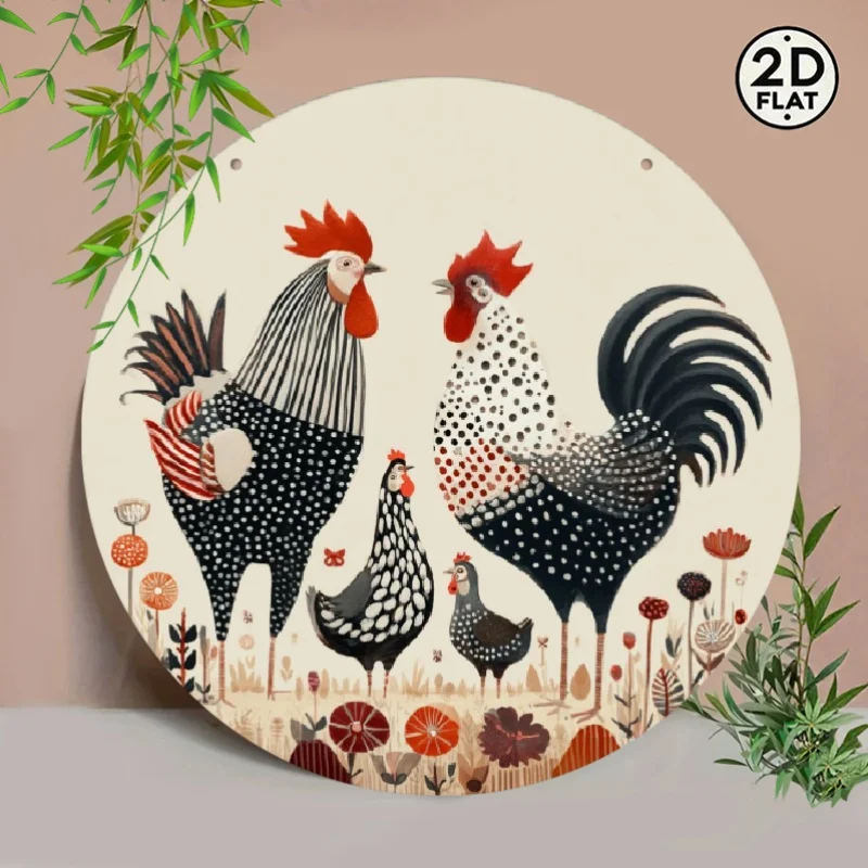 2D Flat, Round Spotted Chick Wall Decor - Vintage Rustic Aluminum Sign Suitable for Home, Easter Gifts, Spotted Chick Design wit