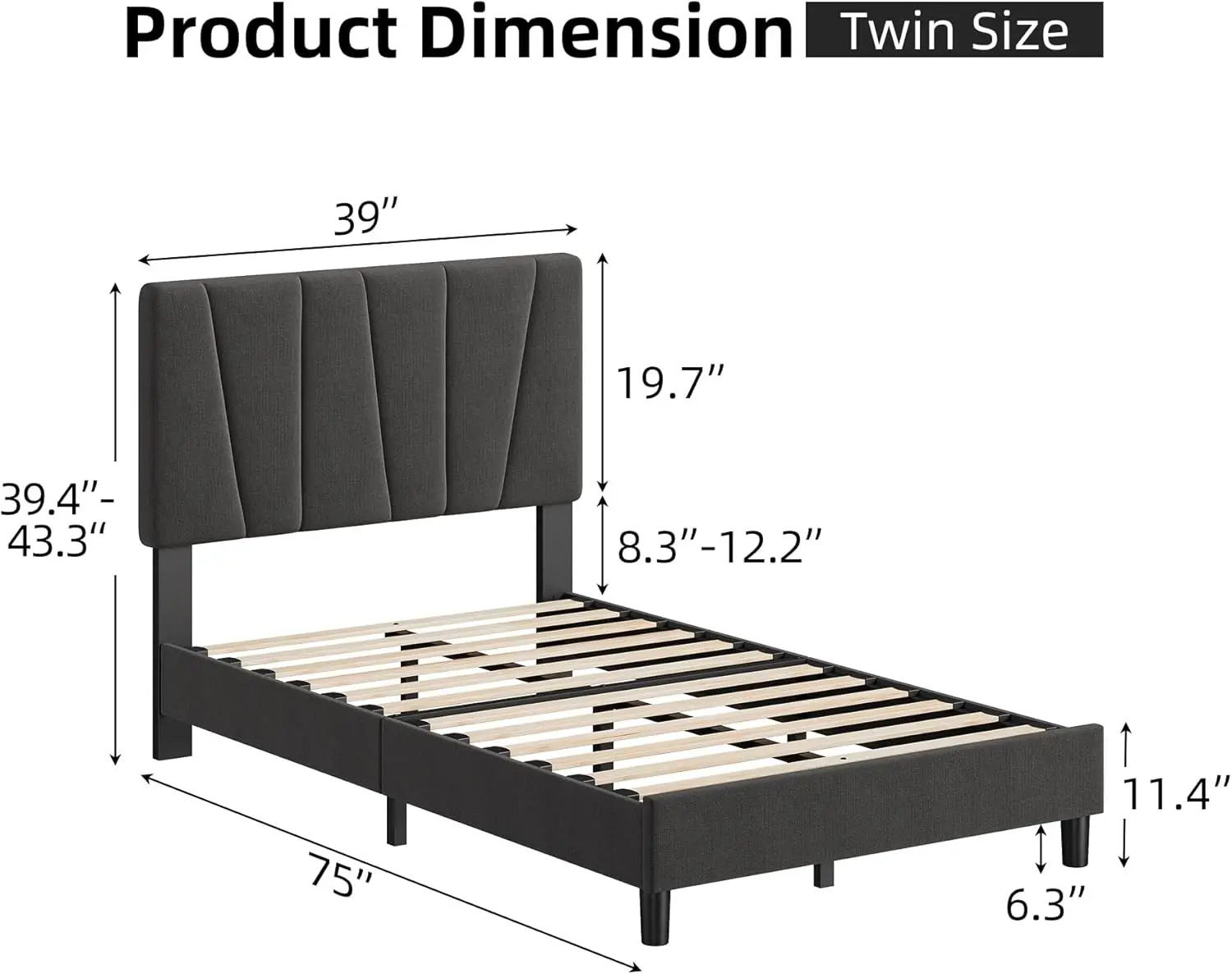 Idealhouse Twin Bed Frame With Headboard,Linen Upholstered Platform Bed With Adjustable Diagonal Channel Tufted Headboard,