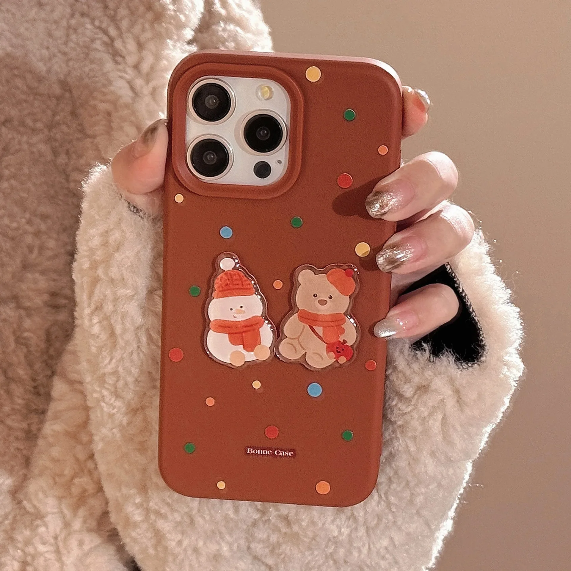 Cartoon Snowman Little Bear Colorful Circular Dots Cover Case for iPhone 16 15 14 13 12 11 Pro Max Plus Phone Case