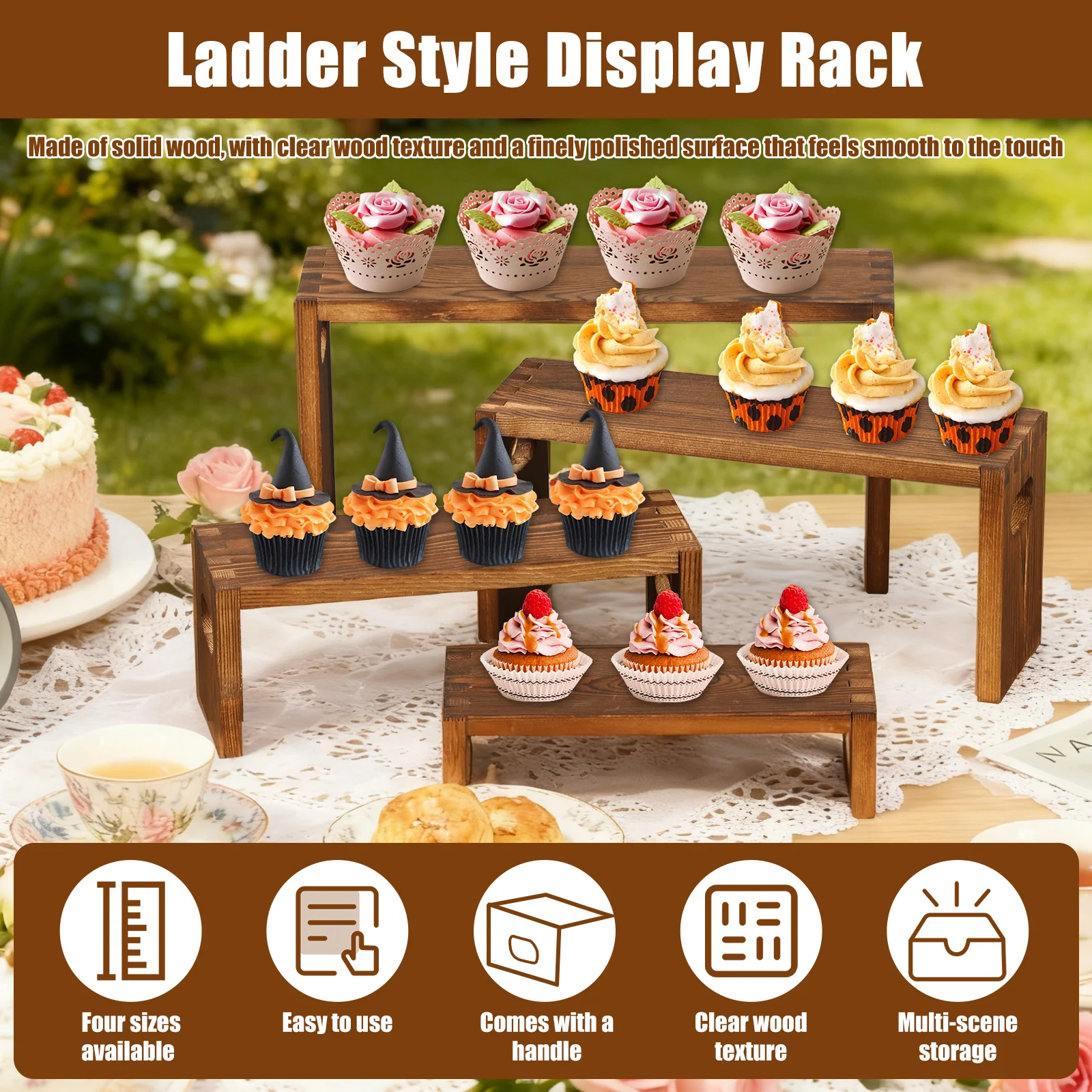 2 Set Wooden Riser Display Stand 4 Tier Nestable Perfume Cupcake Stand Stackable Desktop Display Shelf for Event and Party Decor