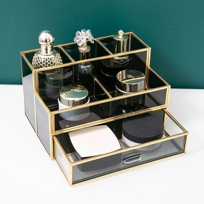 

Dresser Cosmetics Storage Box Desktop Lipstick Shelf Transparent Glass Skin Care Products Shelf Drawer Type Nordic Bathroom