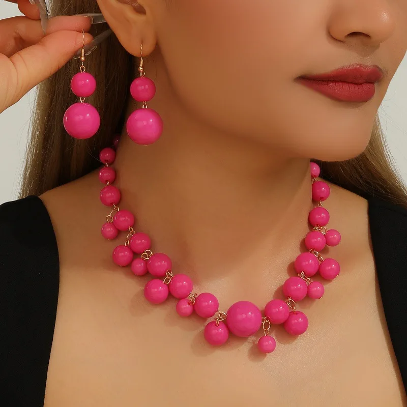 2Pcs Bright Pink Bead Jewelry Set Layered Round Cluster Ball Necklace Dangle Earrings Charming Summer Beach Party Accessories
