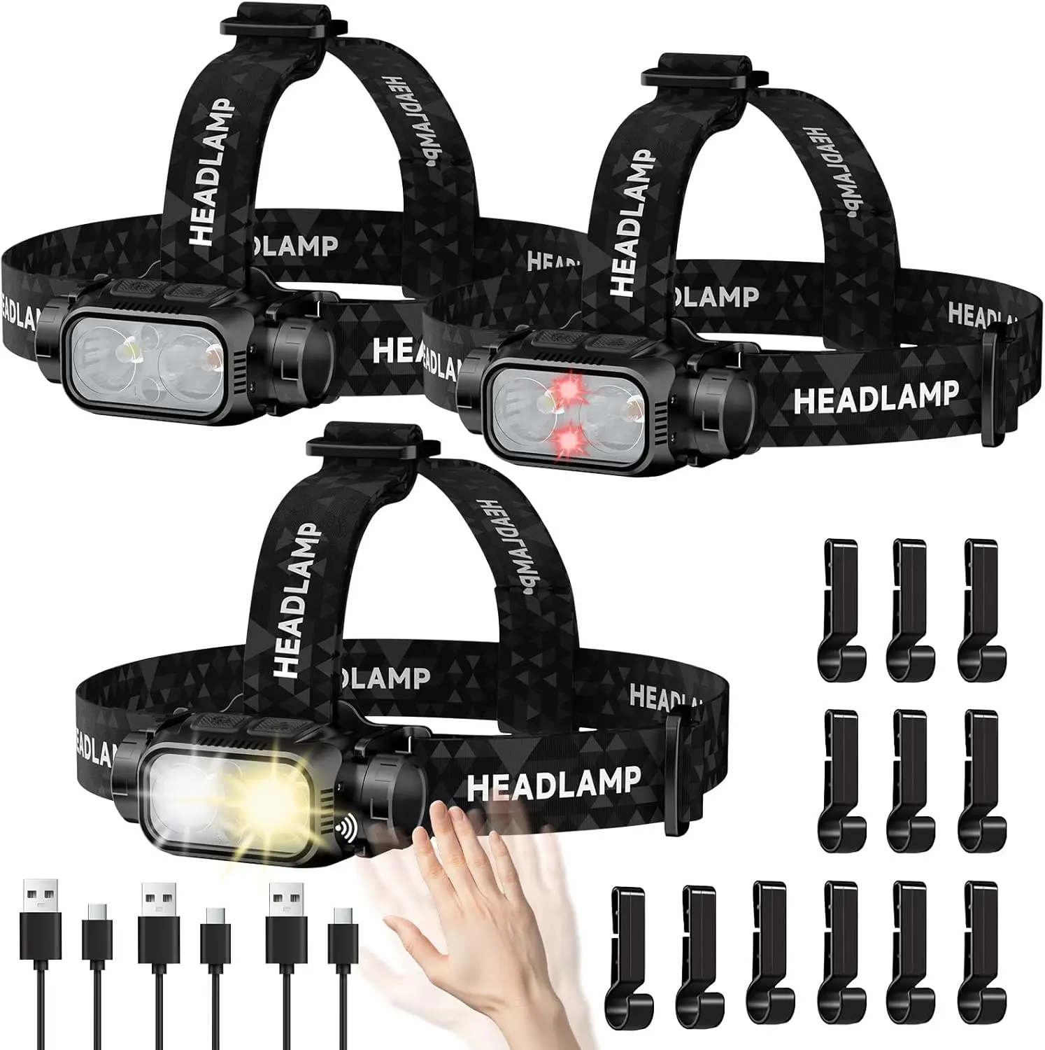 

Rechargeable LED Headlamp 3 Pack, High Lumen Super Bright Head Lamp with Red Light, Motion Sensor, 5 Modes, 90° Adjustable