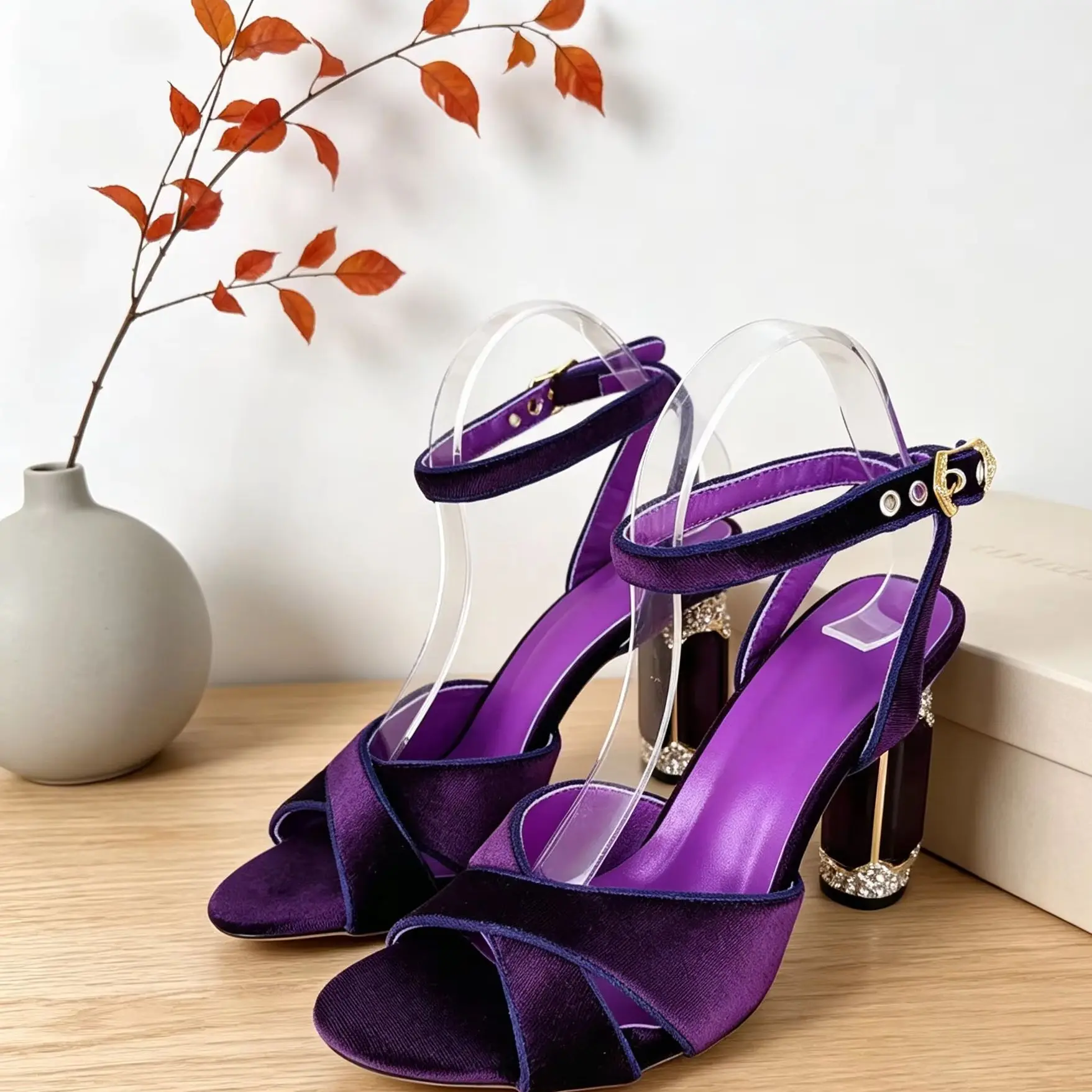 Purple Velvet Cross Vamp Woman Crystal Block Heel Sandals Fashion Buckle Wedding Shoes Elegant Slingback Rhinestone Dress Pumps