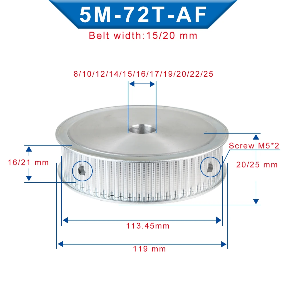 5M-72T Aluminum Pulley AF Shape Bore Size 8/10/12/14/15/16/17/19/20/22/25 mm Belt Pulley Circular Arc Tooth For 5M Rubber Belt