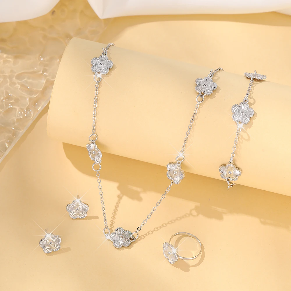 5 Piece Set Fashionable Elegant Rhinestone flower Shaped Decorative Jewelry Earrings Necklaces Bracelets Ring Combinations