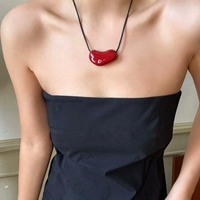 Luxury Irregular Red Enamel Heart Pendant Necklaces for Women Fashion Adjustable Black Rope Sweater Chain Necklaces Jewelry ﻿