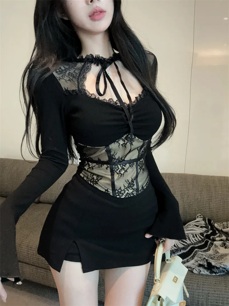 

Sexy Lace Ne Hanging Base irt Women's Outerwear Design Pure Desire Beautiful Long Sve Waist Cinching Fibone Top