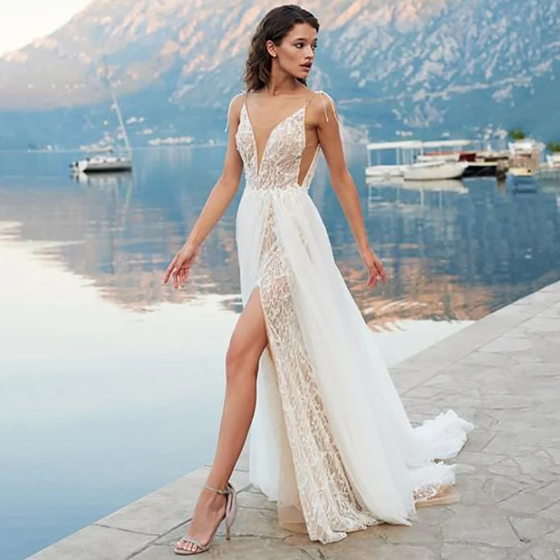 Sexy profundo decote em v vestido de casamento cintas de espaguete lado split sem costas vestido de noiva rendas apliques zíper vestido de noiva personalizado