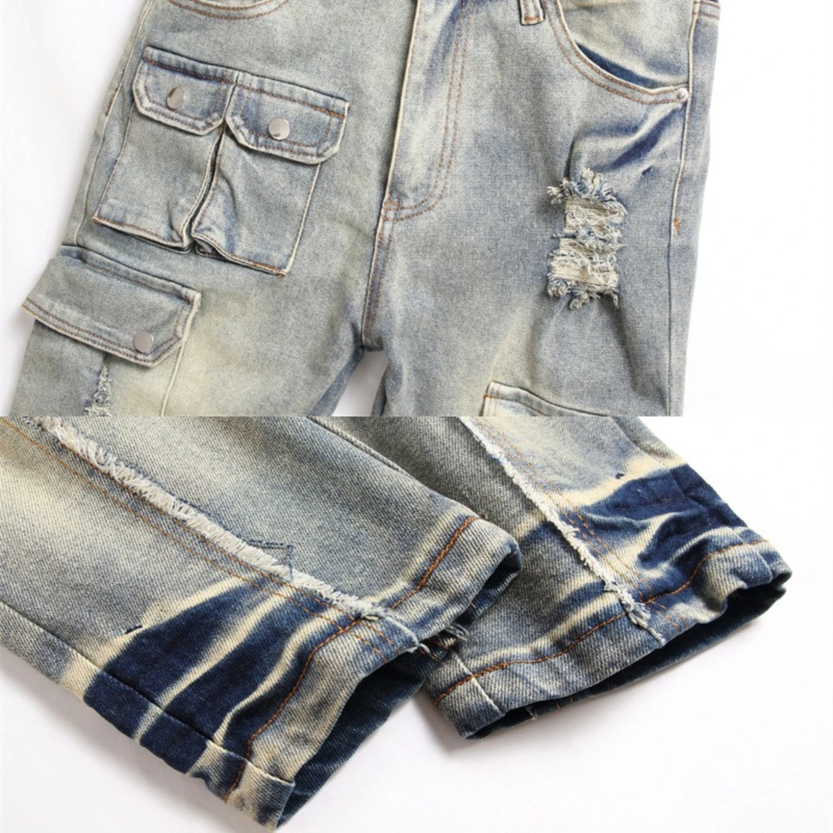 EH·MD Large Pocket Double Button Jeans Men's Panel Pants Worn Holes 3D Cotton Zipper Fit Elastic High Street Soft Youth Gradient