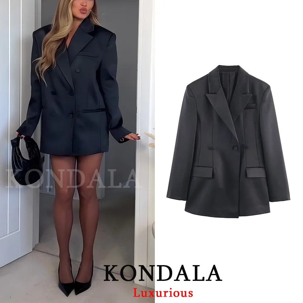 

KONDALA Office Lady Chic Black Satin Blazer Women V Neck Double Buttons Pockets Blazer Fashion 2026 Spring Vintage Outwear
