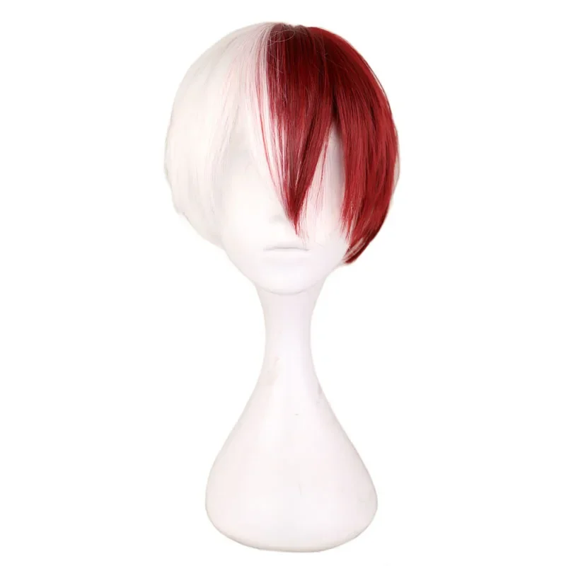 WHIMSICAL W Anime My Hero Academia Cosplay peluca mitad blanca de mitad de rojo pelucas sintéticas cortas y rectas para Halloween