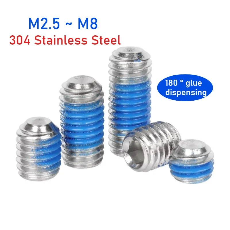 M2.5 M3 M4 M5 M6 M8 304 Stainless Steel Headless Hexagon Socket Grub Screw Blue Dispensing Anti-Loosening Screws