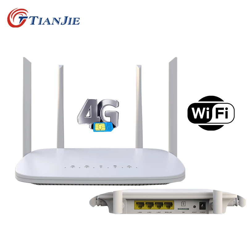 Tianjie 4G LTE router wifi modem 4 RJ45 port high-speed four external antennas 5dBi and SIM card slot plug and play.