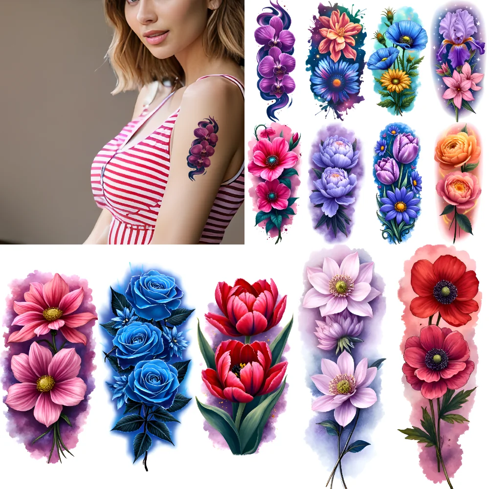 

12pcs Temporary Tattoo Flower Tattoos Realistic Temporary Tattoos Floral Design Colorful Realism For Shoulders Adult Thighs