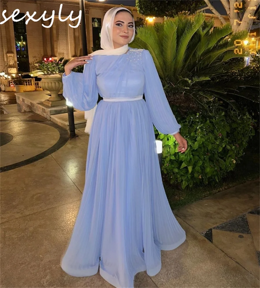 Princess Blue Muslim Evening Dress With Beaded Puff Sleeve Saudi Arabic Prom Dresses Plus Size Formal Party Gowns Customized