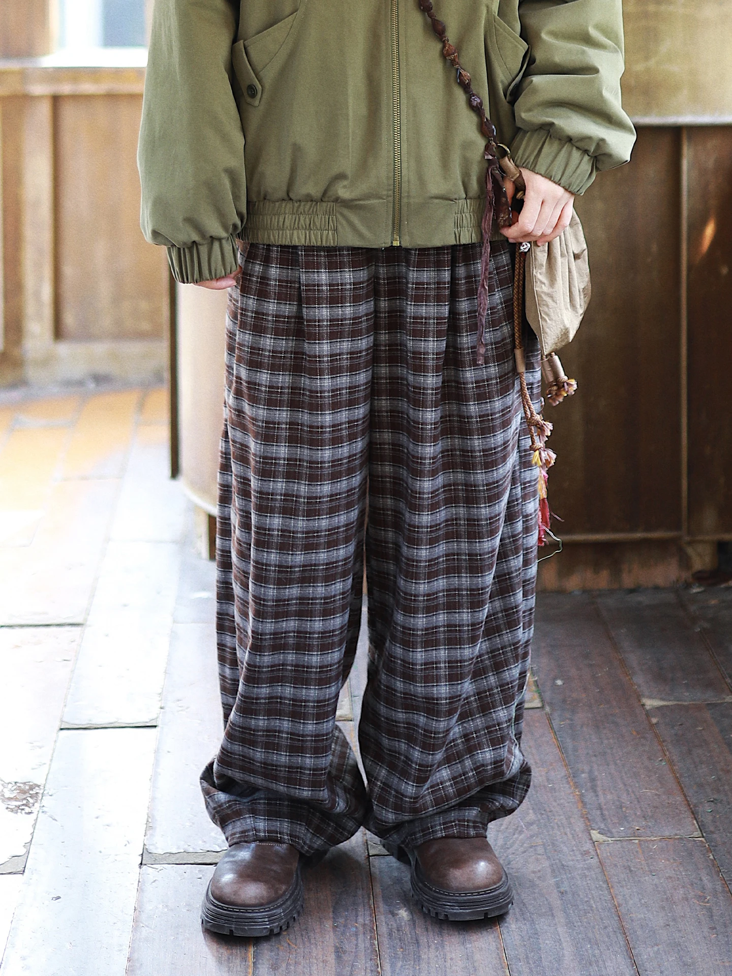 

Retro Ashita Stu Women's Loose Wide Leg Plaid Pants Fuzzy Shape Spring Season Casual Trousers Comfortable Breathable