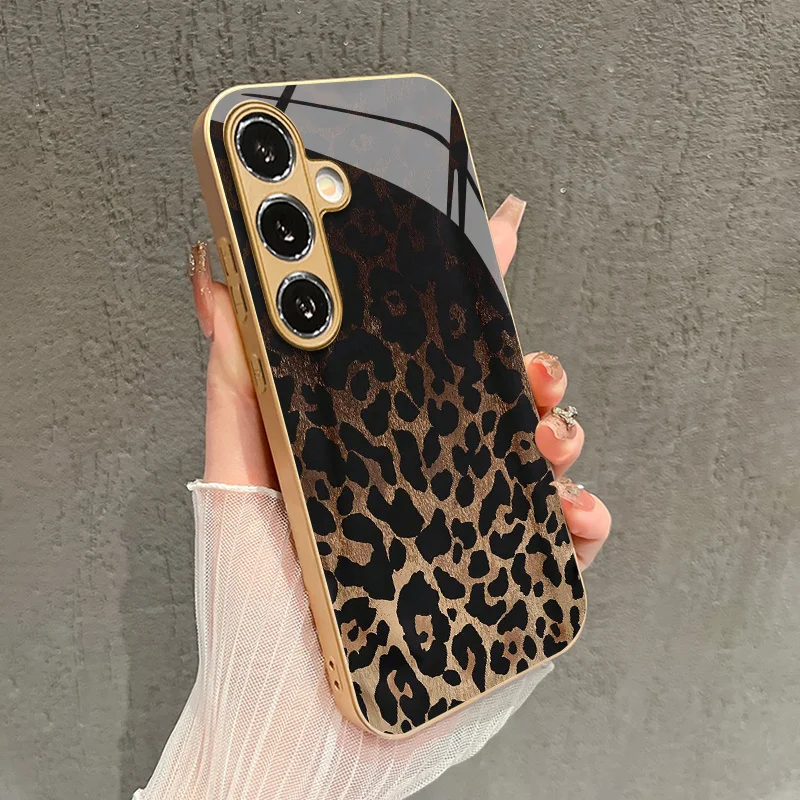 Gold leopard pattern glass phone case suitable for Samsung Galaxy S26 S25 S24 S23 S22 S21 S20 FE/Ultra/Plus anti drop back cover