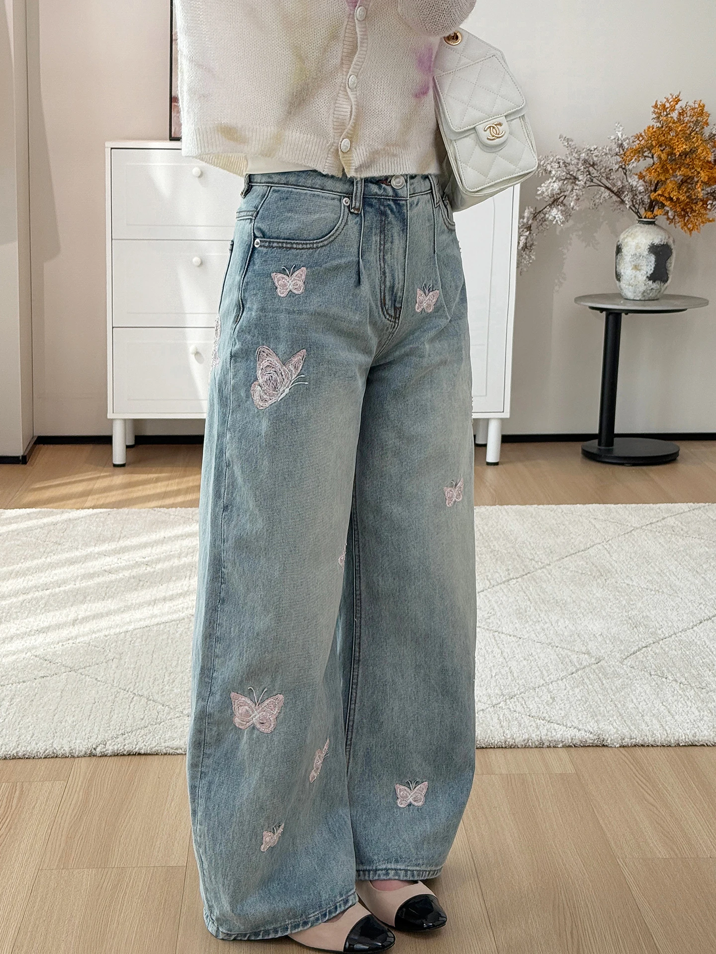 

Heavyweight Embroidery High Waist Slimming Wide Leg Jeans Women's High Waist Straight Floor-Length Pants