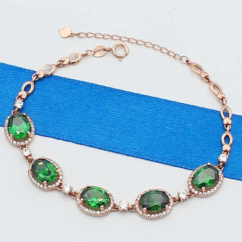 

585 purple gold inlaid crystal oval green gemstone bracelet for women 14K rose gold plated new fashion wedding jewelry