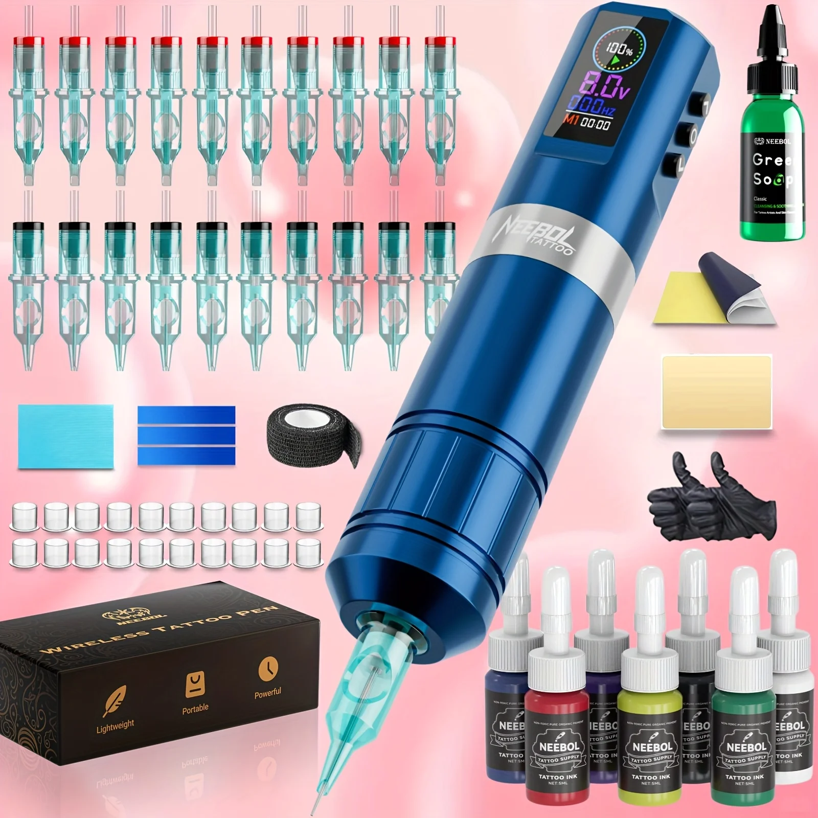 Neebol draadloze tattoo-machinekit compleet voor beginners en artiesten, draadloze roterende tattoo-pen met kleurenscherm, tattoo-pistool