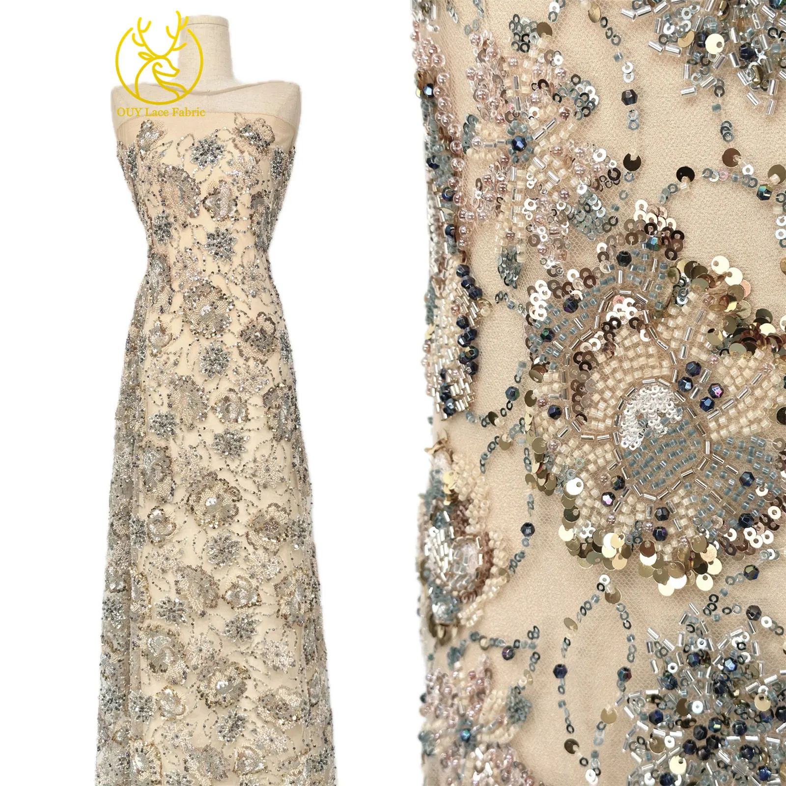 Luxuriöses High-End Nigerianisches Damen-Partykleid für Abschlussball 2026, Afrikanischer Bräutigam-Stickerei-Perlen-Spitzenstoff, Französische Pailletten-Spitze – Detail 6
