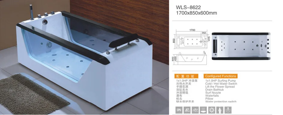 Luxury design Two rotating faucet Waterfall Bathtubs High Quality Whirlpools Bathtubs