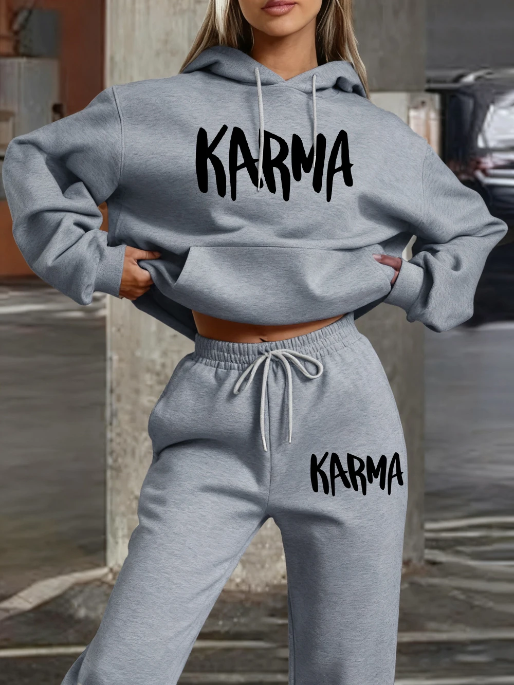 2 Piece Hoodies Set Womens Karma Letter Printing Sweatpantssporty Oversized Fleece Warm Sweatshirts Pants Autumn Pocket Clothes