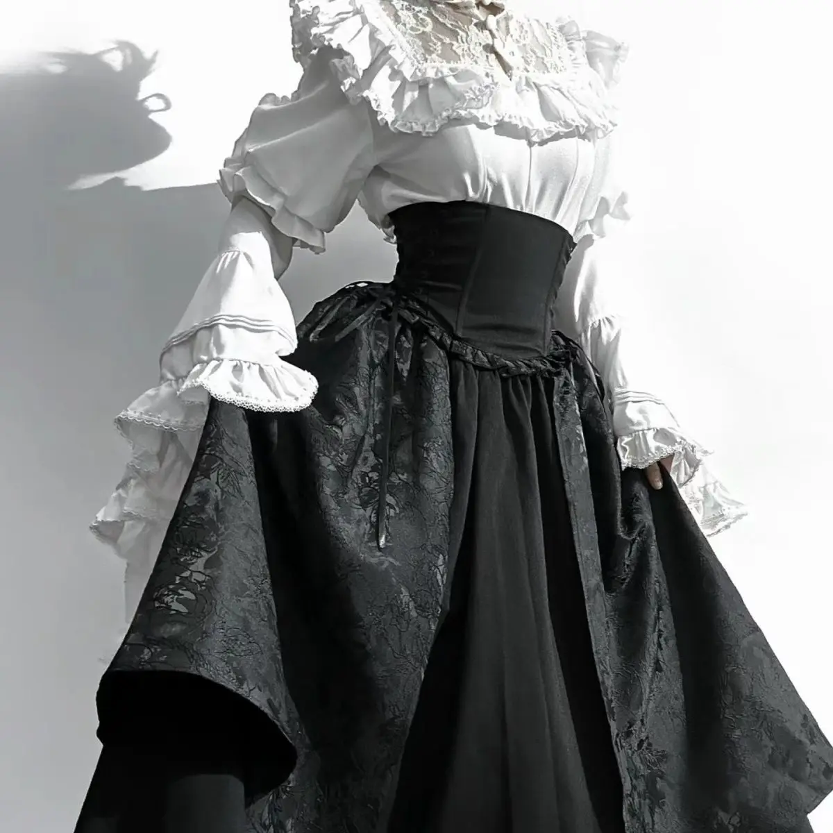 NONSAR Gothic Shirt Y2k Top Lolita Girls Ruffles Umbrella High Waist Slim Long Skirt Elegant Vintage Horn Long Sleeve Blouse