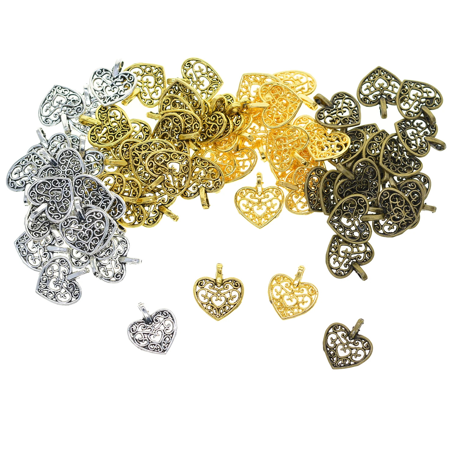 50 Pcs Tibetan Silver gold bronze 4 colors classic Filigree Heart Charms dangle Jewelry DIY Making image 5