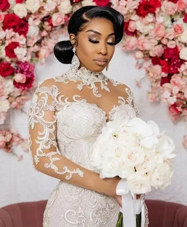 Robes de mariée sirène personnalisées perlées, manches longues transparentes, traîne de balayage africaine et nigériane, grande taille, robes de soirée de mariée, 2025