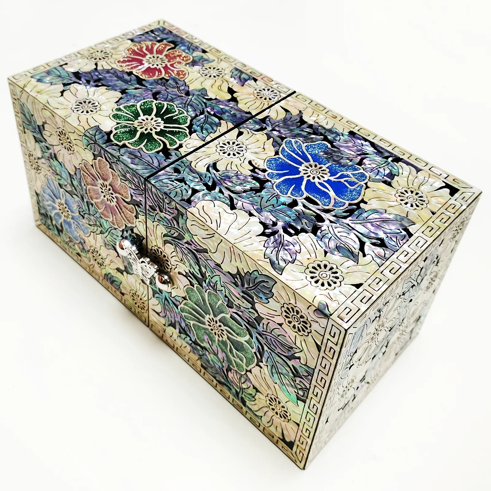 

Mother of Pearl Travel Lacquer Wood Drawer Jewelry Ring Earrings Chest Box Case Sea Shell Inlaid Wooden Cube Jewelry Organizer