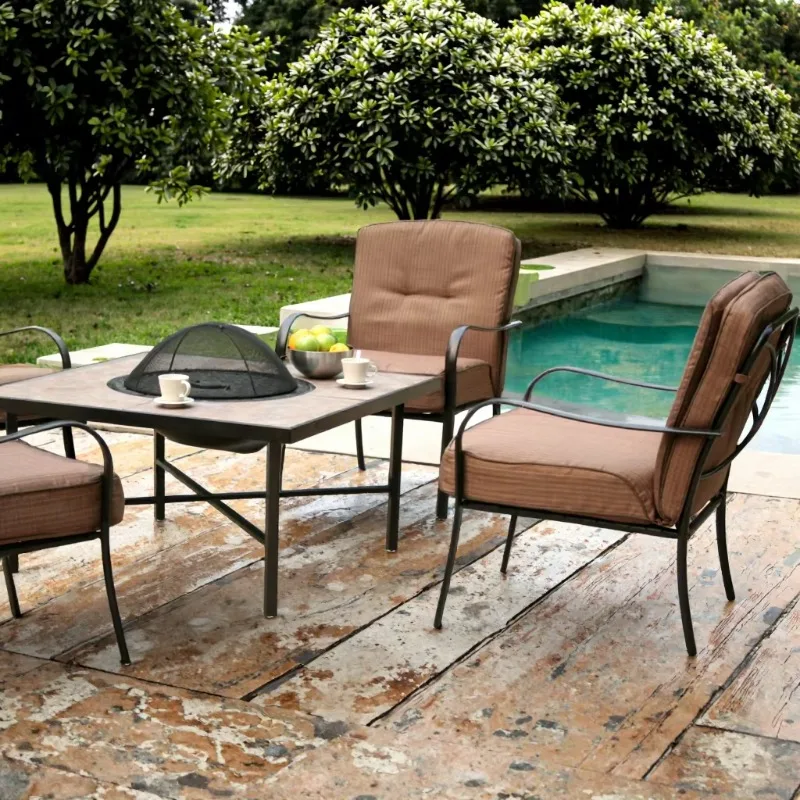 Steel Frame Dining Firepit Table 4 Chairs Modern Design Outdoor Furniture Set Comfortable Courtyard Villa
