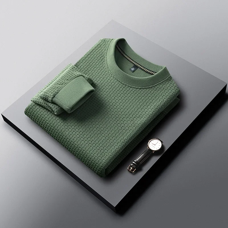 Mens Lightweight Pullover Sweatshirt Crew Neck Long Sleeve Waffle Weave Texture Top For Daily Casual Activities